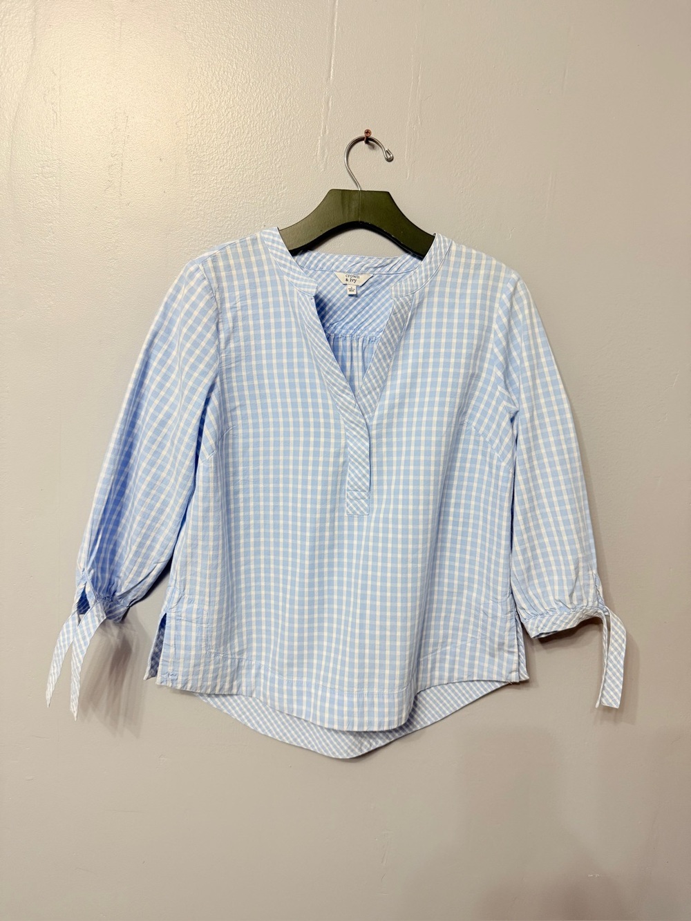 #17) crown & ivy Cotton Light Blue Gingham Tie-Cuff Blouse